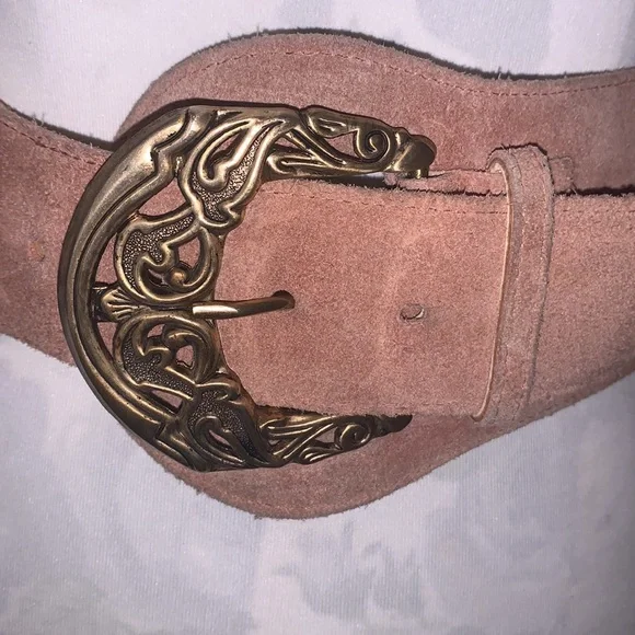 Access. Small Genuine Leather & Stretch Mauve Brass Tone Buckle Belt - Picture 2 of 11